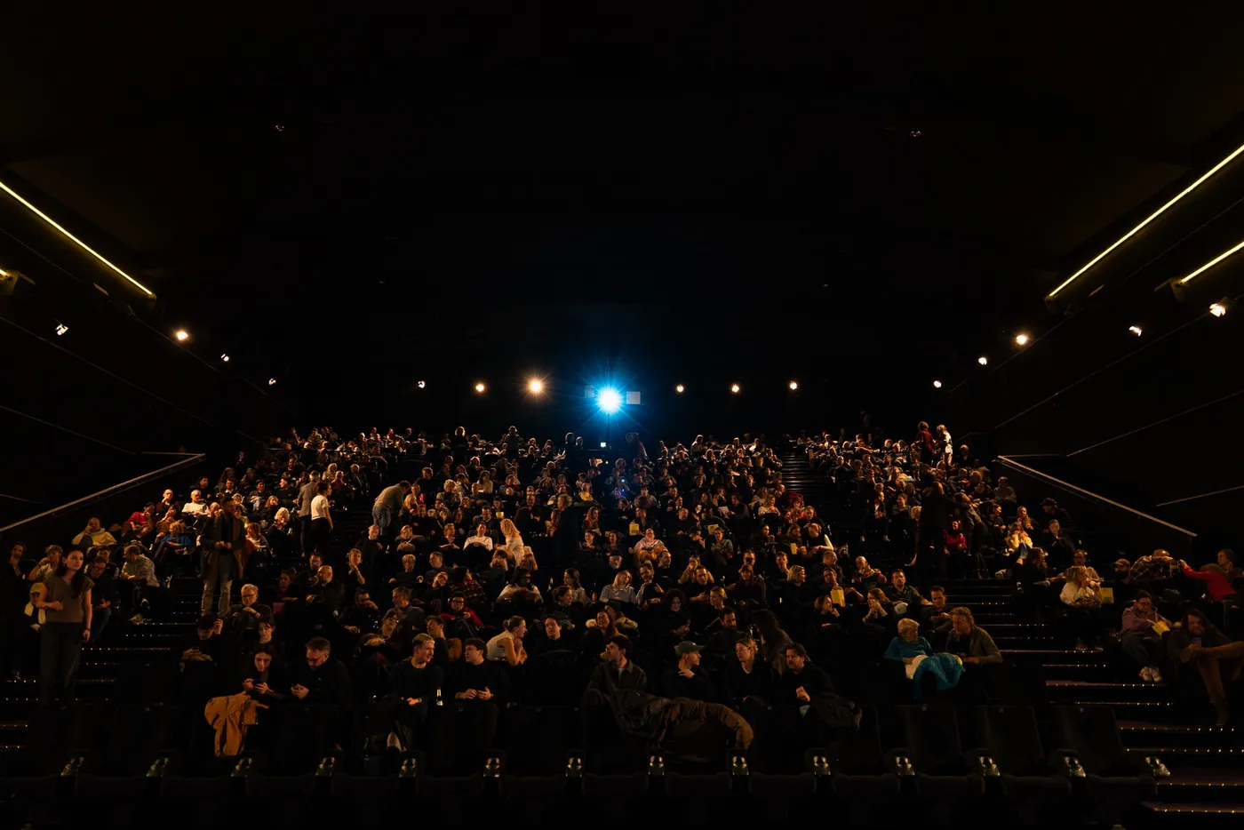 Weiter Blick über den vollbesetzten Saal auf die Leinwand